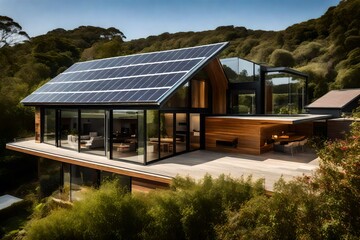 A modern house nestled amidst lush greenery boasts a sustainable and eco-friendly design with solar panels installed on its roof
