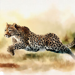 Fototapeta premium Watercolor style painting of a cheetah leopard on the African savannah. Created with Ai.