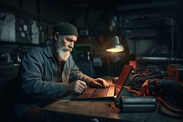 Auto mechanic using laptop while working on car diagnostic in garage, Modern car diagnostic program. Professional mechanic repairs truck engine. Repair service. ai generative