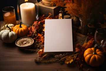 A white card mockup 5x7 inches for invite to Halloween Holiday Festival and boho Thanksgiving dinner in Autumn season with pumpkin and candle ornament on wooden table - obrazy, fototapety, plakaty