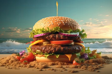 Giant burger with delicious ingredients on beach, Generative AI
