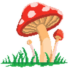 8 bit pixel red mushroom in grass field vector illustration