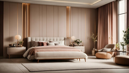 Interior design of modern luxury beautiful elegant bedroom and copy space with big art poster frame. wall lamps, modern small cupboards.