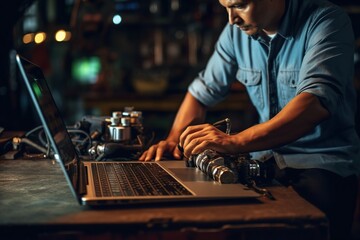 Auto mechanic using laptop while working on car diagnostic in garage, Modern car diagnostic program. Professional mechanic repairs truck engine. Repair service. ai generative