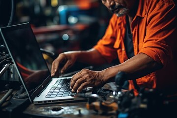 Auto mechanic using laptop while working on car diagnostic in garage, Modern car diagnostic program. Professional mechanic repairs truck engine. Repair service. ai generative