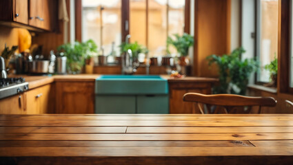 The natural wooden empty table in the kitchen, product display, natural wooden color, and depth of fled. indoor plants and other kitchen items.