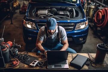 Auto mechanic using laptop while working on car diagnostic in garage, Modern car diagnostic...