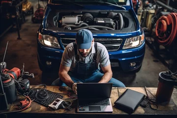 Poster Auto mechanic using laptop while working on car diagnostic in garage, Modern car diagnostic program. Professional mechanic repairs truck engine. Repair service. ai generative © Vilaysack