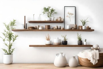 Fototapeta na wymiar Wood floating shelf on a pristine white wall .