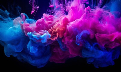 Color explosion. Fluorescent background. Paint in water. Vibrant smoke cloud texture. Glowing neon blue magenta pink steam splash on dark, Generative AI - obrazy, fototapety, plakaty