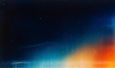 Dust scratch overlay. Light flare. Old film texture. Orange blue white rainbow color glow defect dirt stains on dark abstract empty space background, Generative AI
