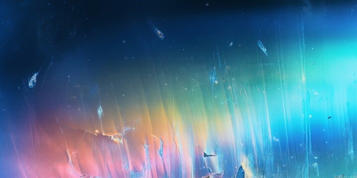 Scratched overlay. Damaged laptop screen. Blue weathered faded glass with smeared dirt stains dust particles colorful rainbow lens flare effect, Generative AI
