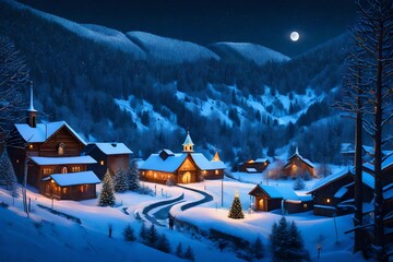 Digital painting of a silent Christmas night in the mountains. Down in the valley there is a small town with a church between the trees.