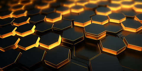 Black Hexagonal Low Poly Surface With A Golden Luminous Grid An Abstract Futuristic Image In Minimalist Black 3d Rendering Background 