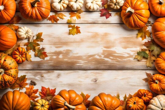 Autumn top border of orange, white and striped pumpkins on a white wood background. Top view with copy space