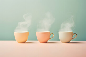 Three cups of coffee or tea with smoke or steam, on isolated pastel beige and green background....