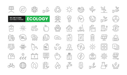 Fototapeta na wymiar Set of 66 Ecology line icons set. Ecology outline icons with editable stroke collection. Includes ESG, Recycle, Wind Turbine, Solar Energy, Net Zero, and More.