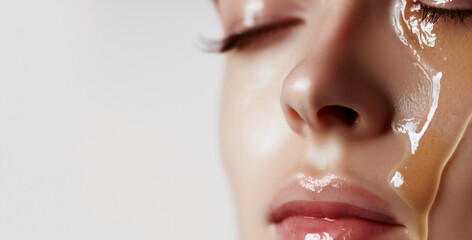 Woman Face Extreme Closeup Covered with Honey · Sensual Day in Spa