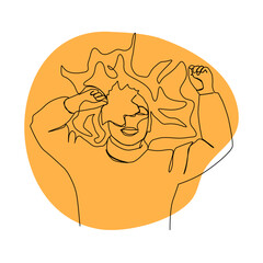 Young woman happily lies on the autumn grass with leaves raised to close her eyes, one line art free hand drawn vector illustration.