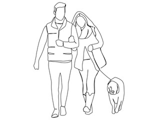 A couple walks arm in arm and leads a fun walk. love between couples Day of love Giving love, one line art, free hand drawn vector illustration.