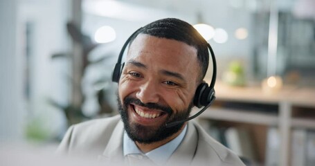 Happy businessman, face and consulting in call center, customer service or help support at office. Friendly man, consultant or agent smile in contact us, online advice or telemarketing at workplace