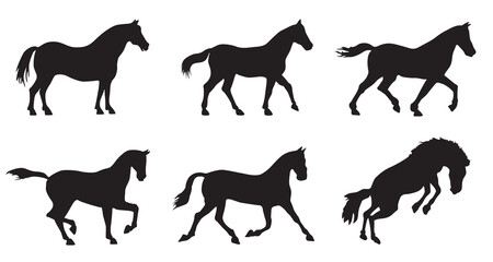 A set of silhouette horses in various acting isolated on a white background