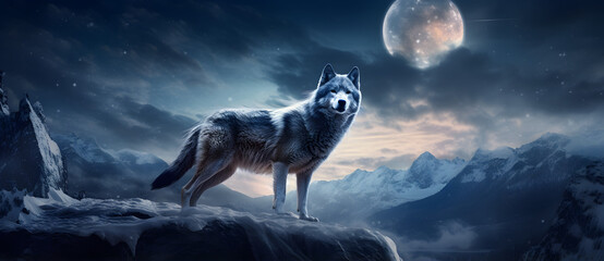 a wolf standing on a rock looking at the moon