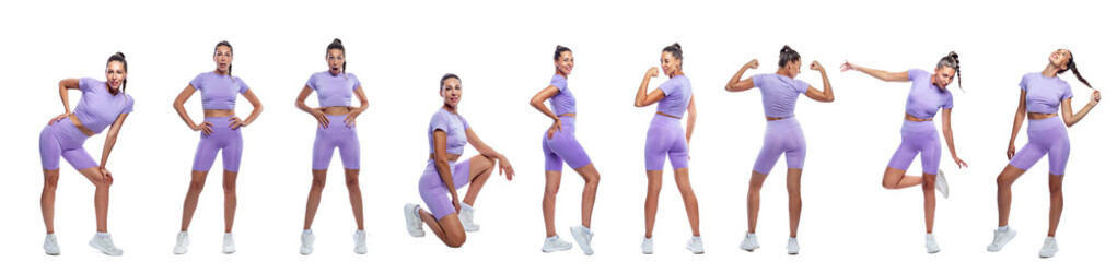 A beautiful slender woman in purple sportswear in different poses does exercises. Sports, activity and energy. Isolated on a white background. Collage, set. Panorama format.