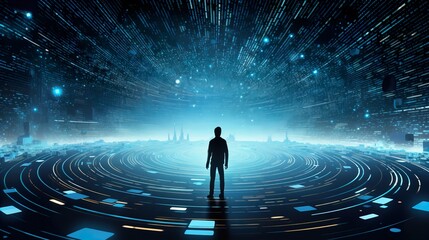 a person standing in a technology background