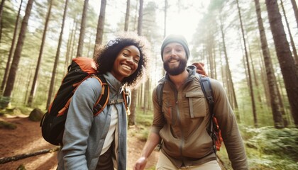 Fototapeta premium Young couple hiking through a forest smiling, diverse couple walking
