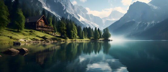 a house in the middle of a lake with some mountains behind it
