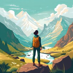 Fototapeta premium hiker in the mountains. a girl tourist standing on a mountain in front of mountain