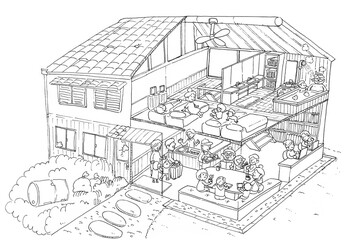 空き家の古民家を宿泊施設にリノベーションしたビフォーアフターのイラスト（線画）