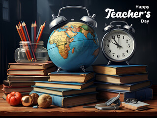 Happy Teacher's Day poster with images of stacks of books, globes, pens and other writing utensils. Generative AI.