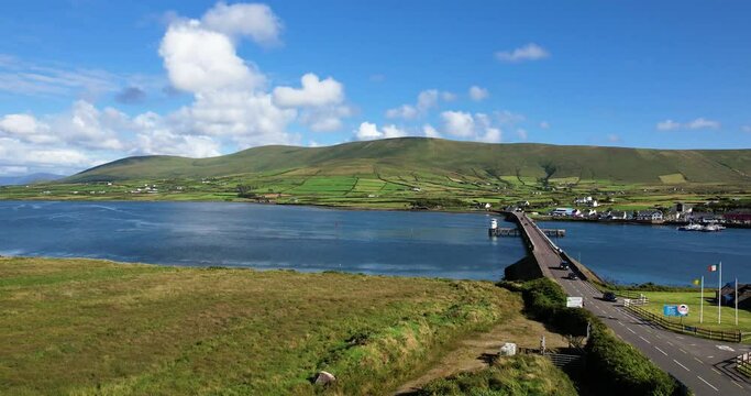 A 4K Drone shot of Portmagee and the island bridge from Valencia Island Co Kerry Ireland looking east