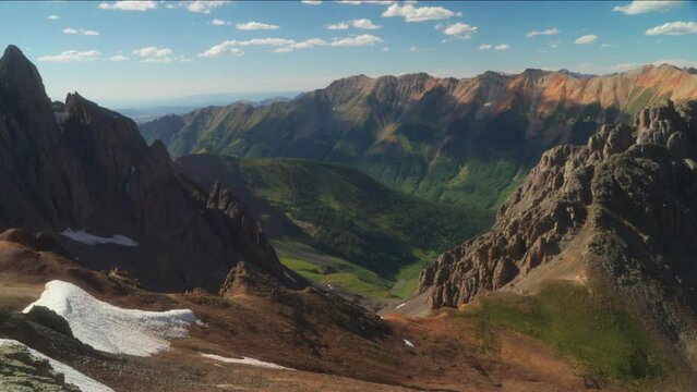 Top of the world cinematic summer Rocky Mountain snowy peaks Southern Colorado view Ice Lake Basin Trail alpine upper Island San Juans beautiful stunning day Telluride Silverton Molas Pass left motion