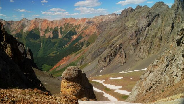 Southern Colorado Rocky Mountains summer snowy  San Juan top of peaks Ice Lake Basin Trail toward  Silverton Telluride Ouray Red Mountain Molas Pass top of the world slow pan natural left motion