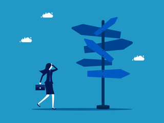 Direction of work. Businesswoman looking at road signs in many directions. vector