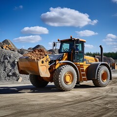 A large front loader transport bulldozer at work site