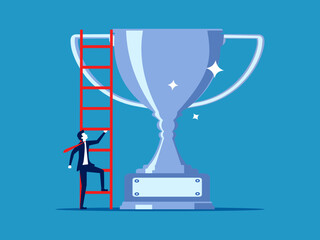 Challenge to get the best rewards. Businessman climbs up a high trophy vector