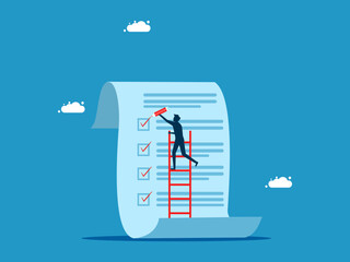 Business progress. man holding a pencil climbs the stairs to check documents vector