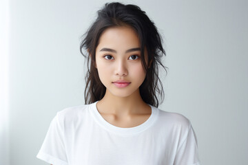 Portrait of a smiling Asian woman wearing a t-shirt with standing and looking at the camera. Face of healthy woman, Lifestyle portrait photography.