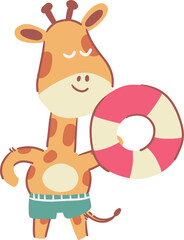 Giraffe and swim tube . Cute cartoon characters . Hand drawn style . PNG . Summer concept .