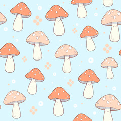 Cute childish seamless pattern of cartoon mushrooms. Vector graphic of funny kawaii hand drawn style fly agaric. For fabric, textile, card, cover, print, background, kids book, magazine.