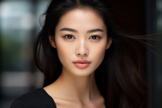 Portrait of a smiling young Asian woman with good health glowing skin and positivity standing and looking at the camera.