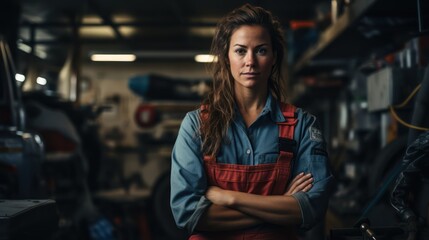 Fototapeta premium Beautiful female mechanic in gritty auto repair shop