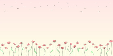 Border of abstract linear flowers with leaves and flying birds on a soft pink background. Exquisite spring flowers. Floral minimalistic design. Vector background with place for text for greeting card