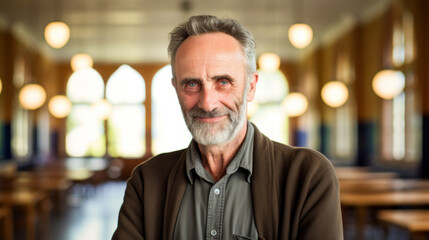 Fototapeta premium Smiling senior man posing inside a room looking at the camera