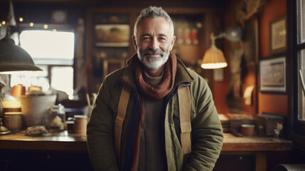 Smiling senior man posing inside a room looking at the camera