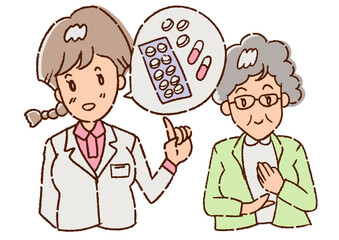 薬の説明を受けるおばあさん